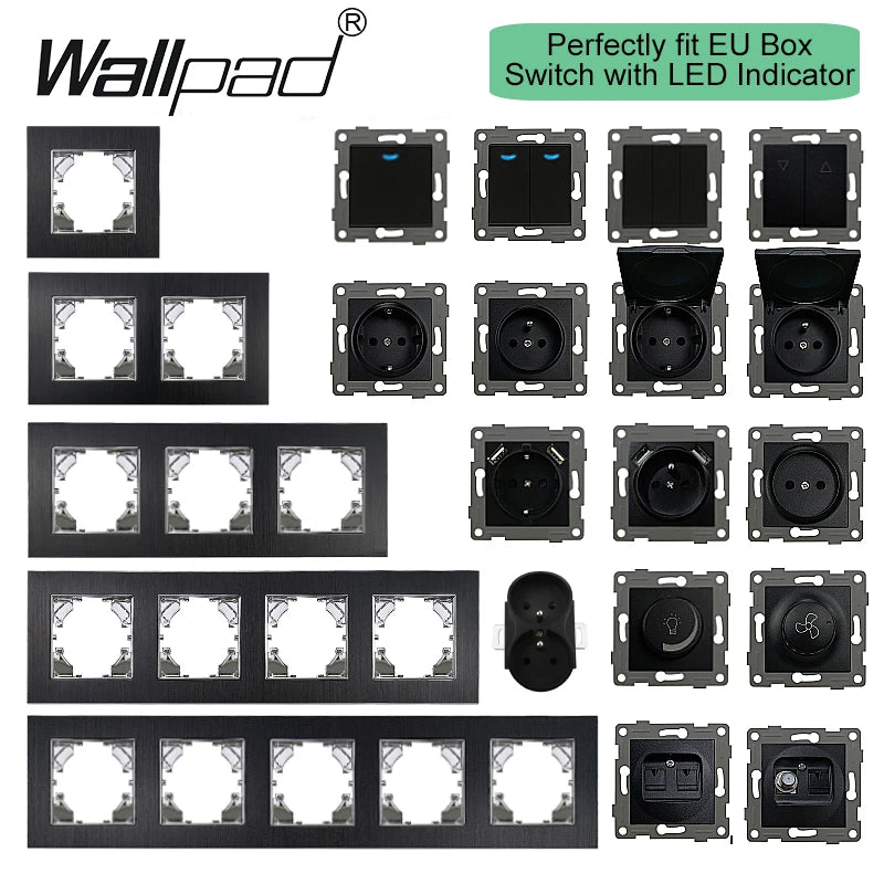 Euro USB Type-C Socket Black Matte Metal Panel Double Triple Electrical Wall SocketS EU Type A+C Outlet with Cap Cover Round Box