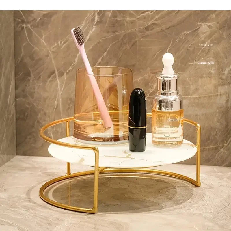 Metal Marbled Glass Tray 2-piece Set Decorative Storage Rack Desktop Organizer Cosmetic Shelf Display Stand Bathroom Shelves