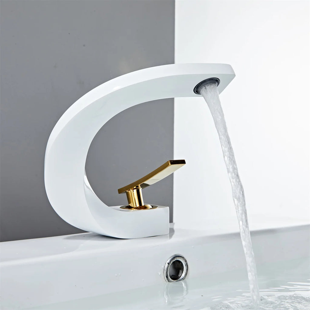 Basin Faucet  Brass Hot and Cold Wash Basin Faucet White with Gold Bathroom Basin Modern Minimalist Creative Faucet PP-12085