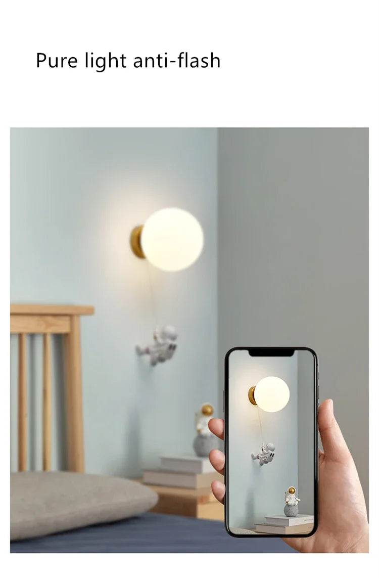 Modern Astronaut Wall Lamp Natural Alabaster Planet LED Sconce Kids Bedroom Astronaut Nursery Decor