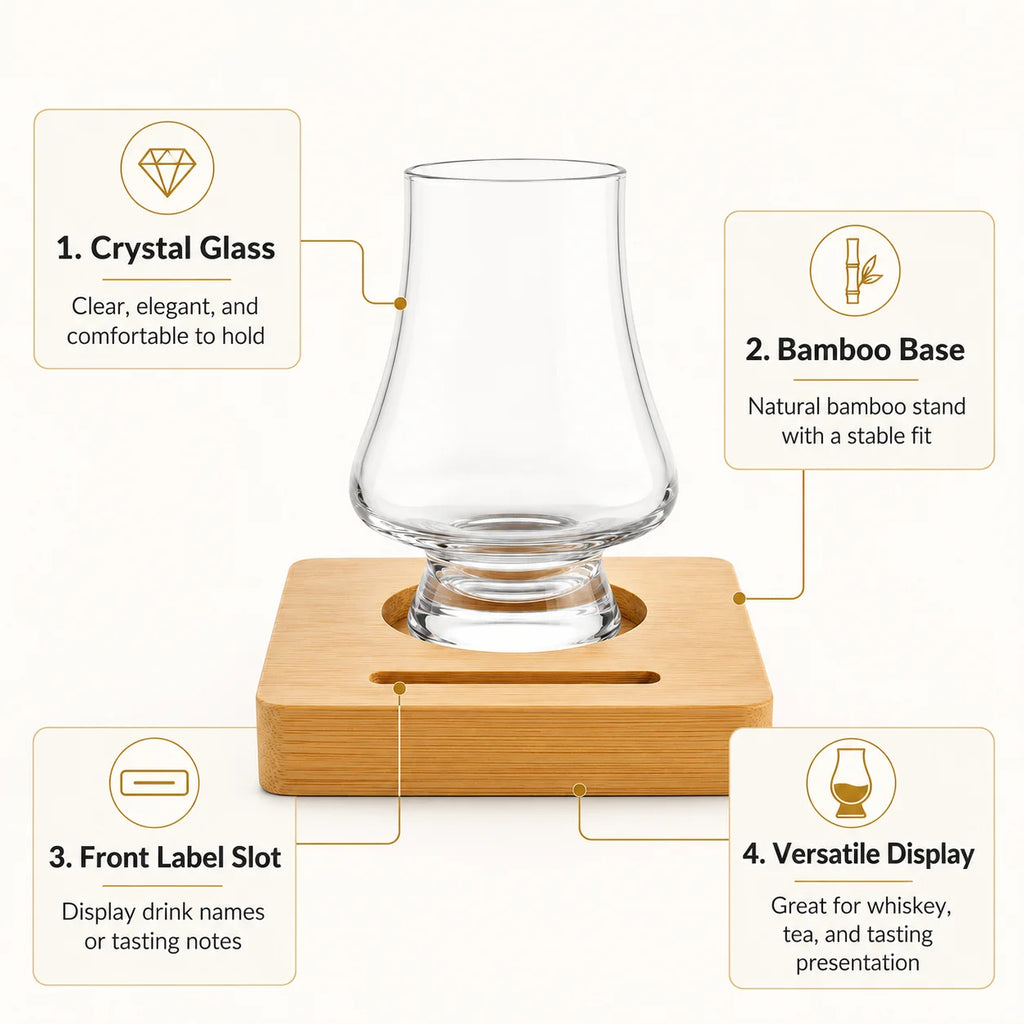 Whiskey Tasting Glasses Set of 2 with Black Walnut Wood Base, 8.5 oz Crystal Glasses with Label Slots