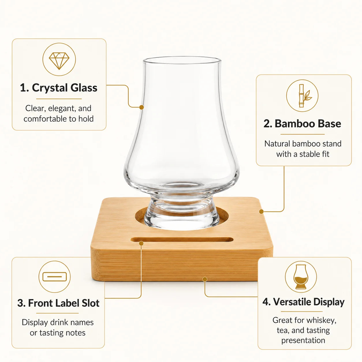 Whiskey Tasting Glasses Set of 2 with Black Walnut Wood Base, 8.5 oz Crystal Glasses with Label Slots
