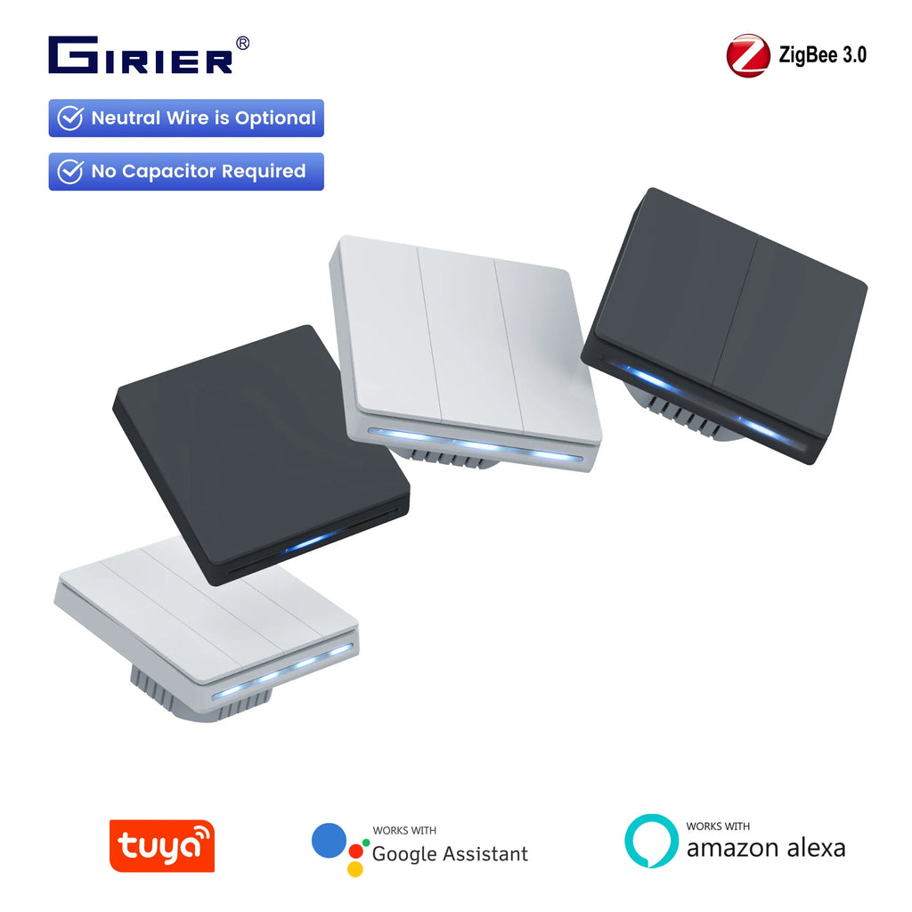 GIRIER ZigBee Wall Switch Tuya Smart Button Light Switches 1/2/3/4 Gang Support Neutral or without Neutral Wire Works with Alexa