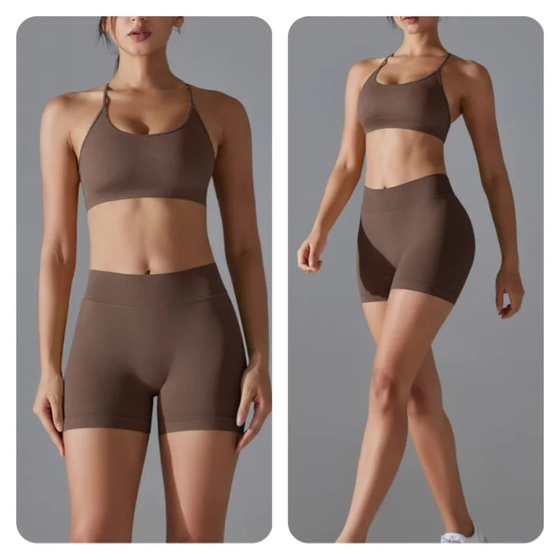 Women's Seamless Solid Color Cross Back High Elasticity Tight and Sexy Sports Bra Yoga Suit Set, Running and Fitness Two Pieces
