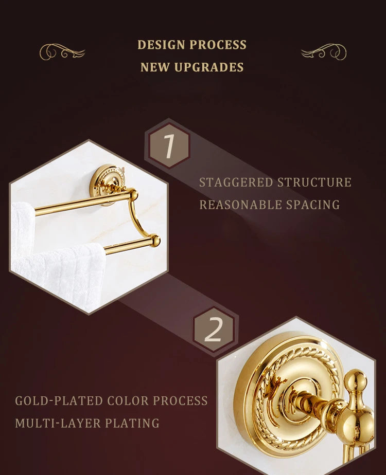 Luxury Gold Brass Bathroom Accessories Set,Robe hook,Paper Holder,Towel Bar,Towel Ring,bathroom sets, Gold Towel Rack,Soap Dish