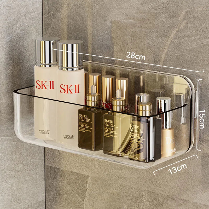Large Transparent Bathroom Shelf, Adhesive Wall-Mounted Storage for Shower Gel/Bottles, Extra Deep PET Vanity Organizer