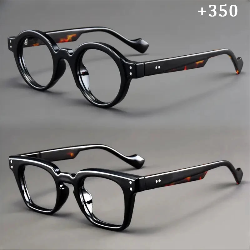 A set of 2 vintage round and square reading glasses, suitable for both men and women, designed to assist with presbyopia