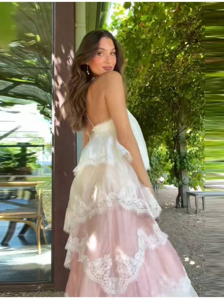 Romantic White Pink Tiered Lace Maxi Dress Spaghetti Straps Cross Back Tie Closure Flowy Skirt Women Date Party Vacation Outfit