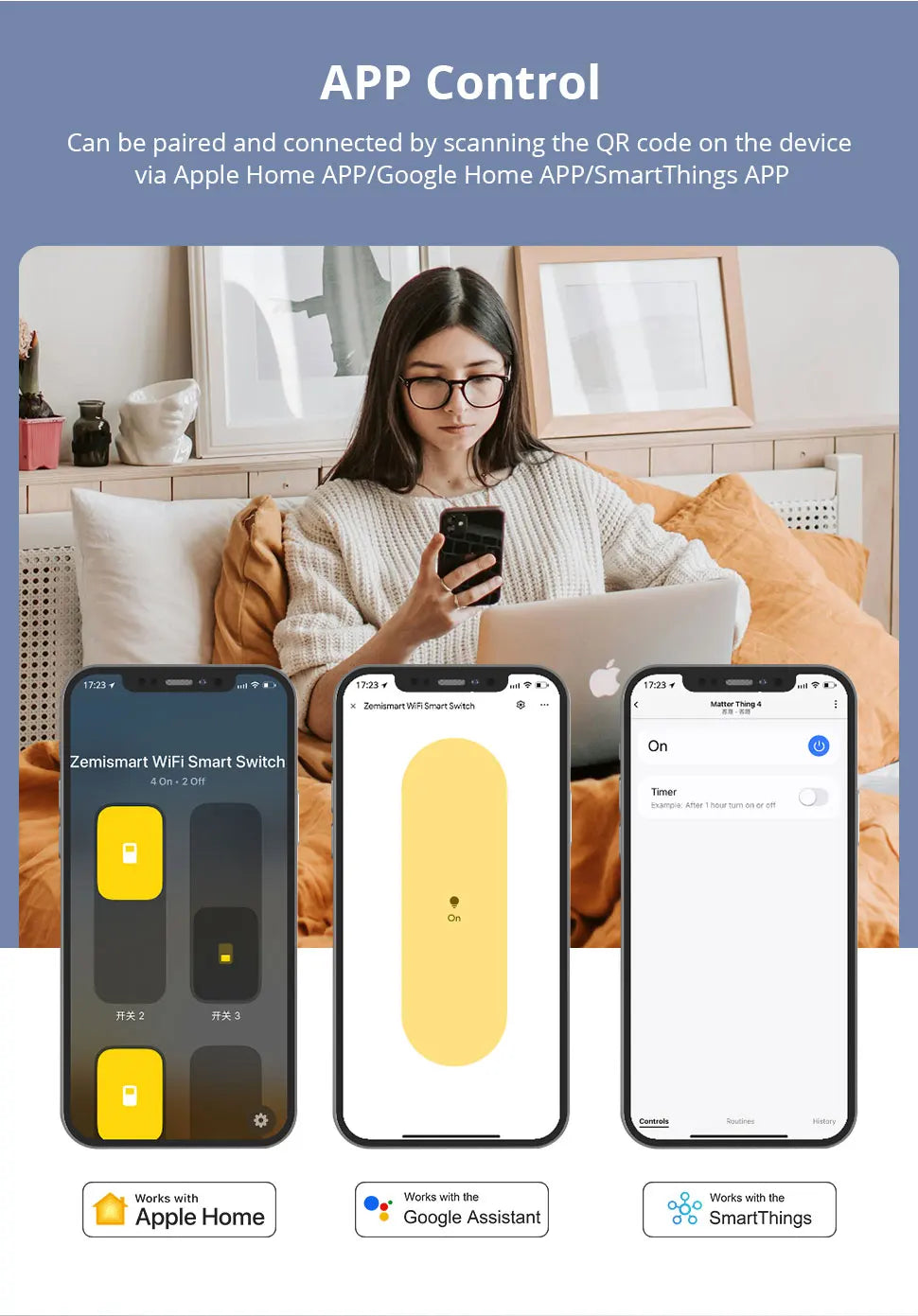 Zemismart Matter WiFi 6 Gangs Smart Wall Light Switch with Neutral 4x4 Push Button Switches SmartThings Homekit App