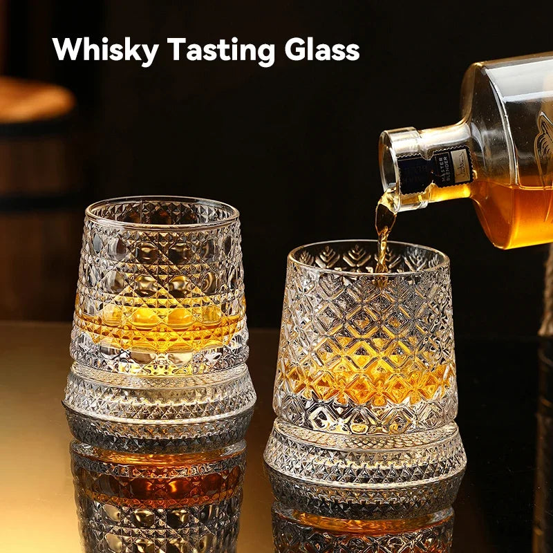 2026 New Whiskey Glasses Rotating Whisky Glass with Glass Base 360 Rotate Degrees Crystal Rum Glass for Cocktail Party Drinking