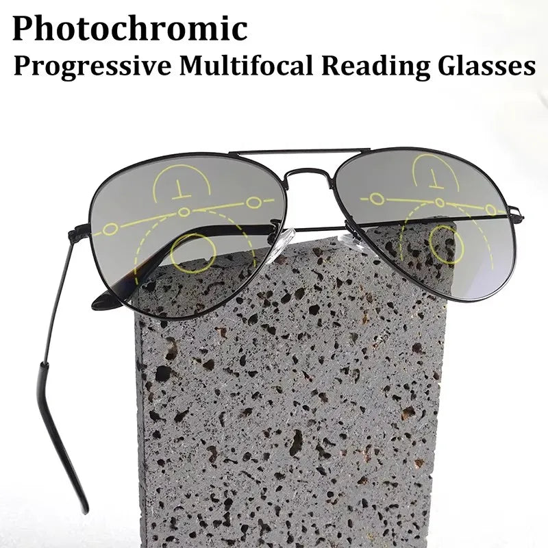 Sports Intelligent Photochromic Progressive Multifocal Reading Glasses Men Luxury Finished Near Far Sight Sunglasses 1.0-4.0