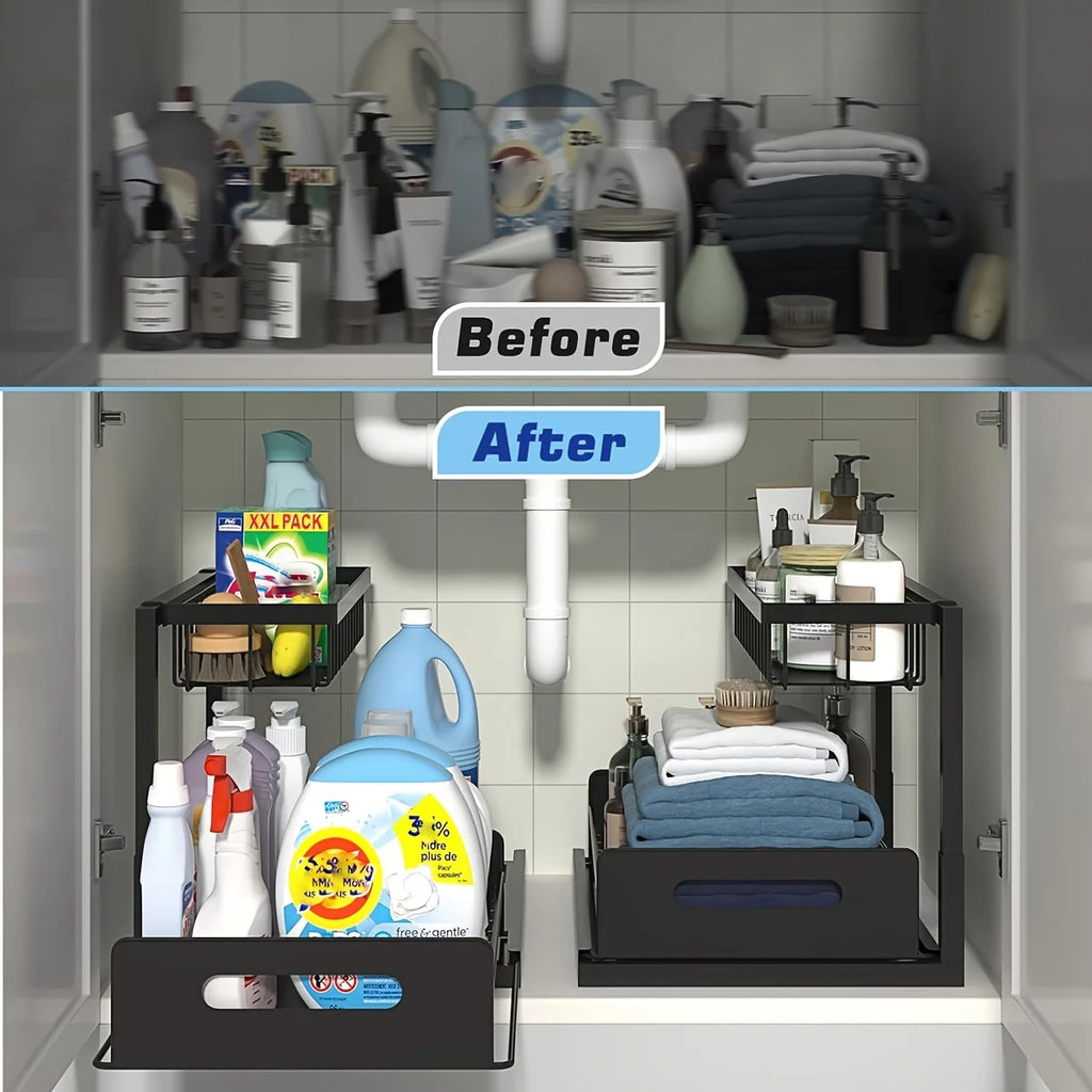 Under Sink Sliding Drawer Organizer - Metal Storage Rack with Pull-Out Shelves - Multi-Room Kitchen Bathroom Cabinet Organizer