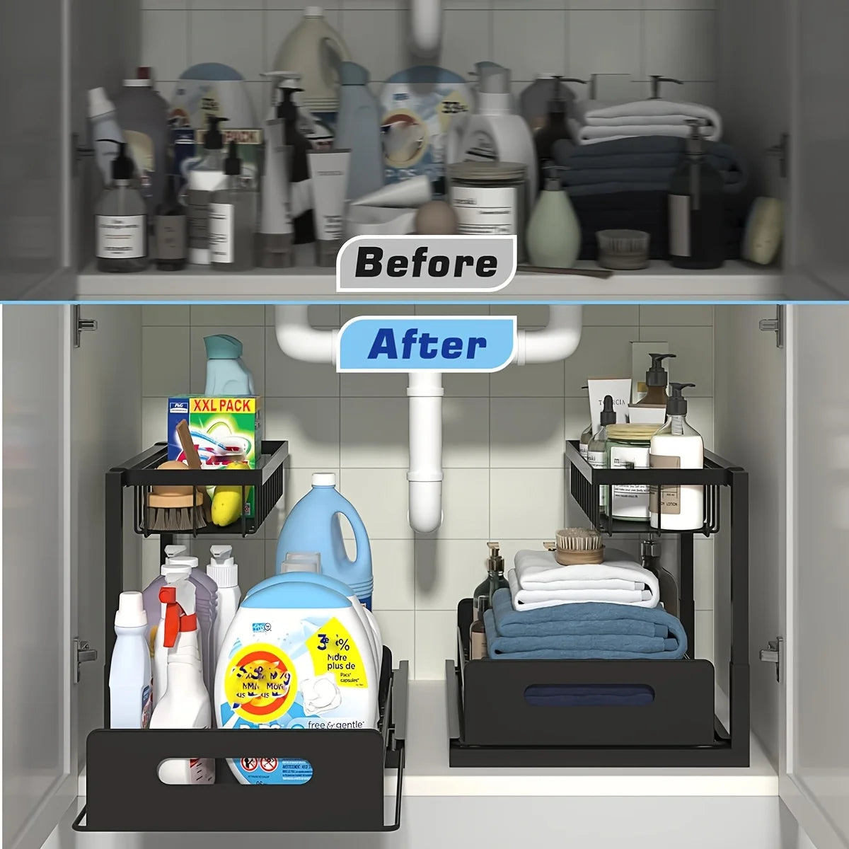 Under Sink Sliding Drawer Organizer - Metal Storage Rack with Pull-Out Shelves - Multi-Room Kitchen Bathroom Cabinet Organizer