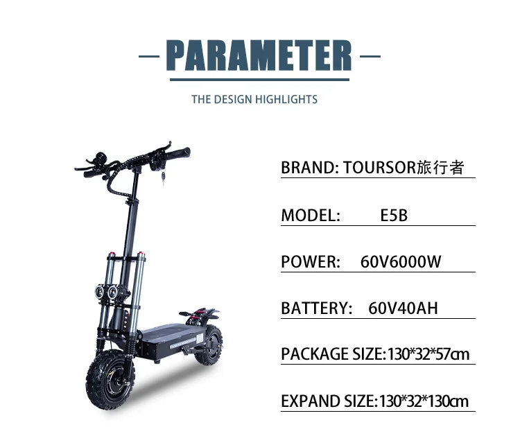 E5B High Speed Electric Scooter 3000W×2 Dual Motor 60V 35Ah Lithium Battery 150KG Load Color LCD Dual Drive Mode