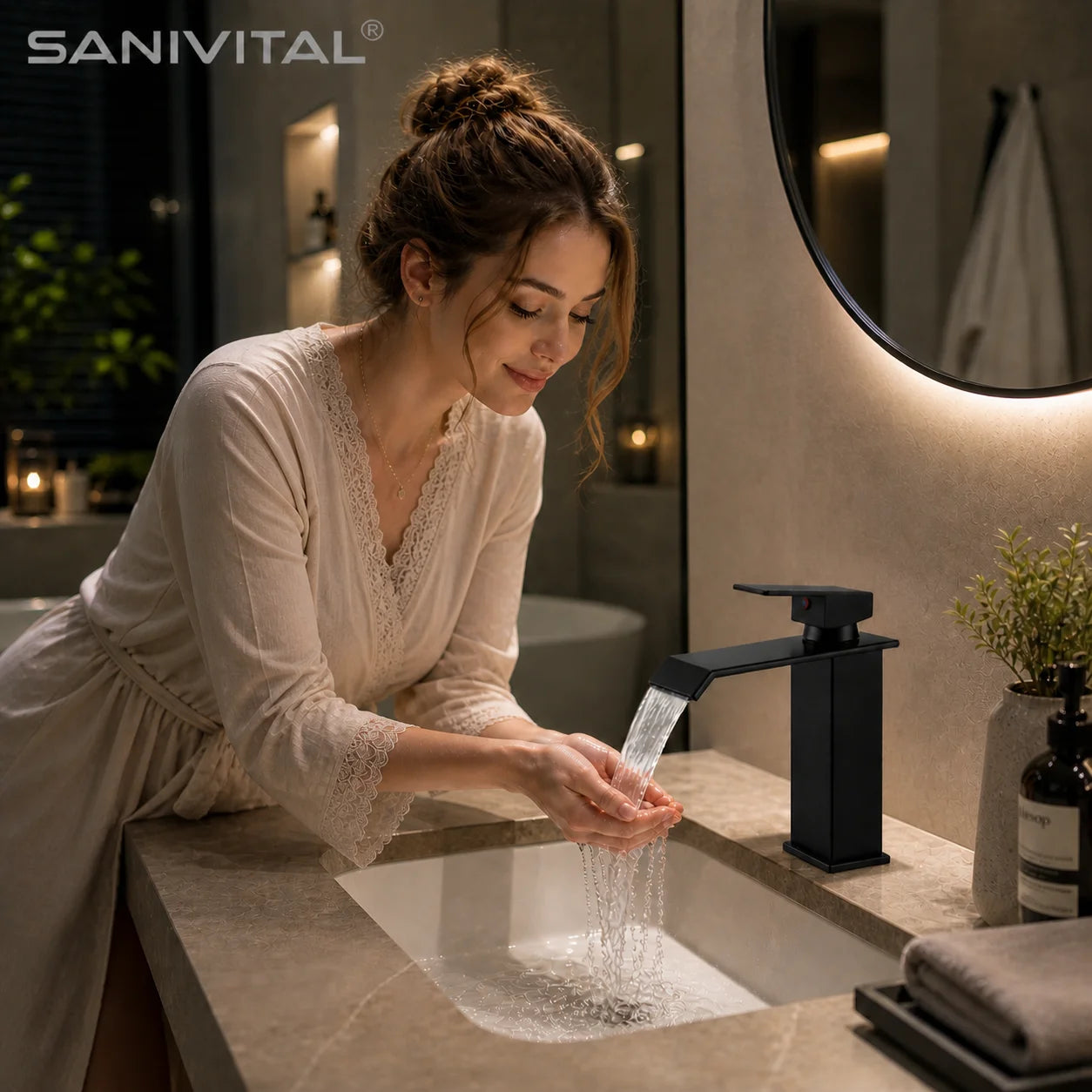 SANIVITAL Modern Matte Black Waterfall Basin Faucet Hot Cold Mixer Tap Single Handle Bathroom Sink Faucet Durable Deck Mount