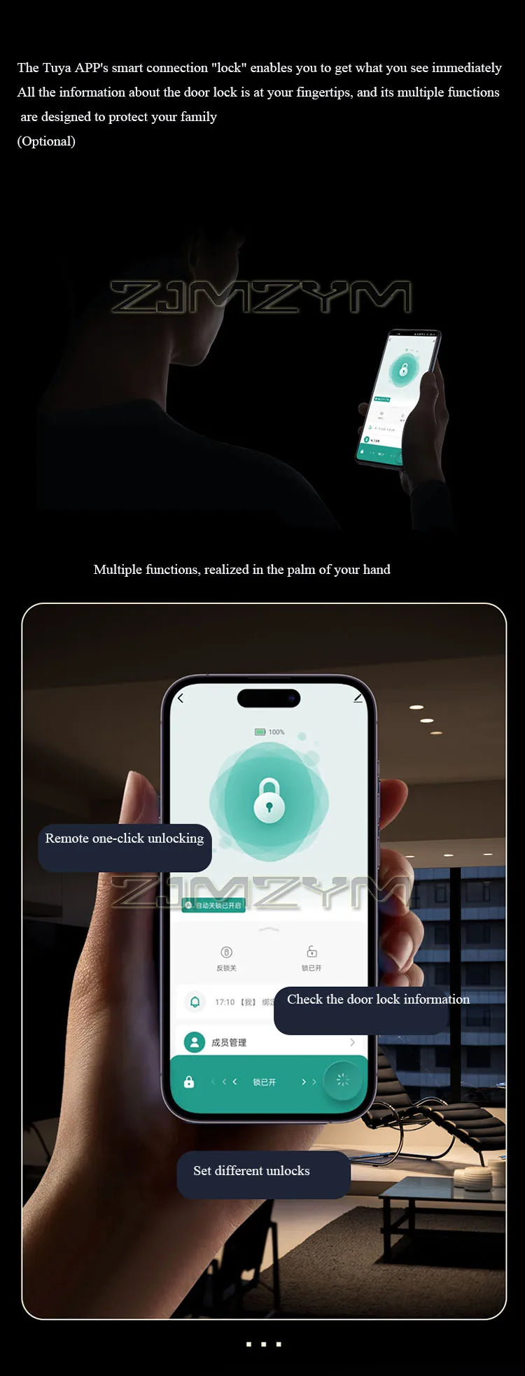 Tuya Smart Fingerprint Lock Financial Level Electronic Indoor Lock Handle Lock Support Password/Key/Bluetooth/APP Remote Unlock