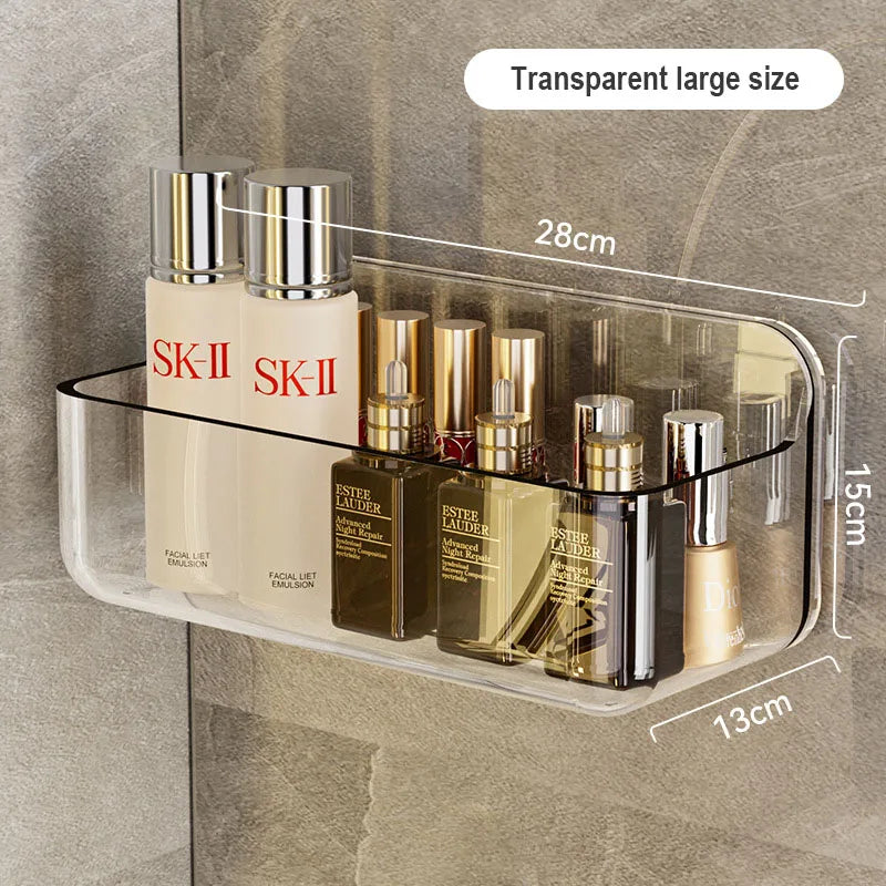 Large Transparent Bathroom Shelf, Adhesive Wall-Mounted Storage for Shower Gel/Bottles, Extra Deep PET Vanity Organizer