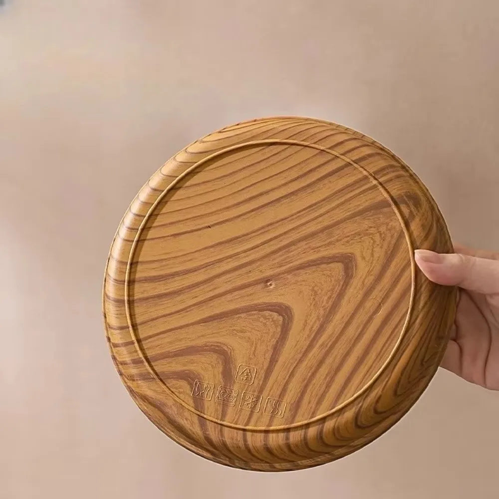 Kitchen Accessories Plastic Wood-Grain Round Tray Imitation Wood Multi-Purpose Tea Tray Dinner Plates Tea Coffee
