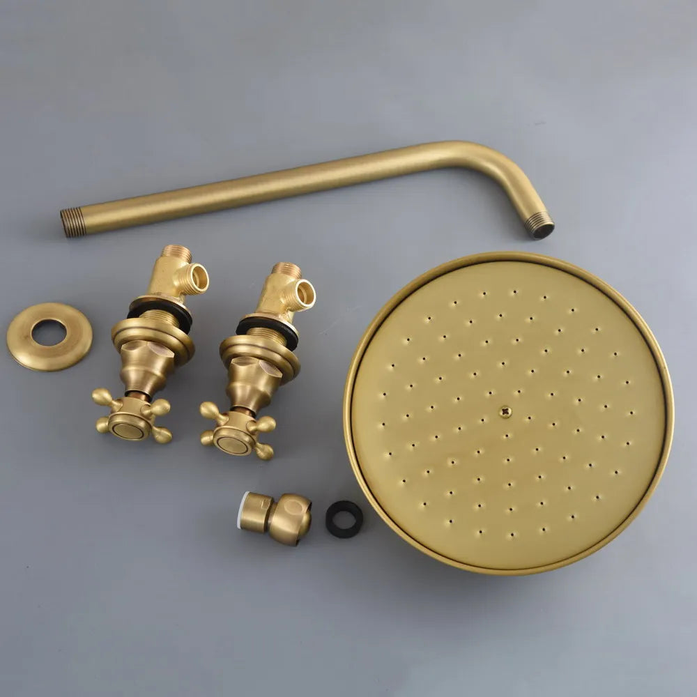 Bathroom Rainfall Shower Faucets 8 Inch Antique Brass Round Wall Mounted Faucet Sets Dual Handles Mixer Tap