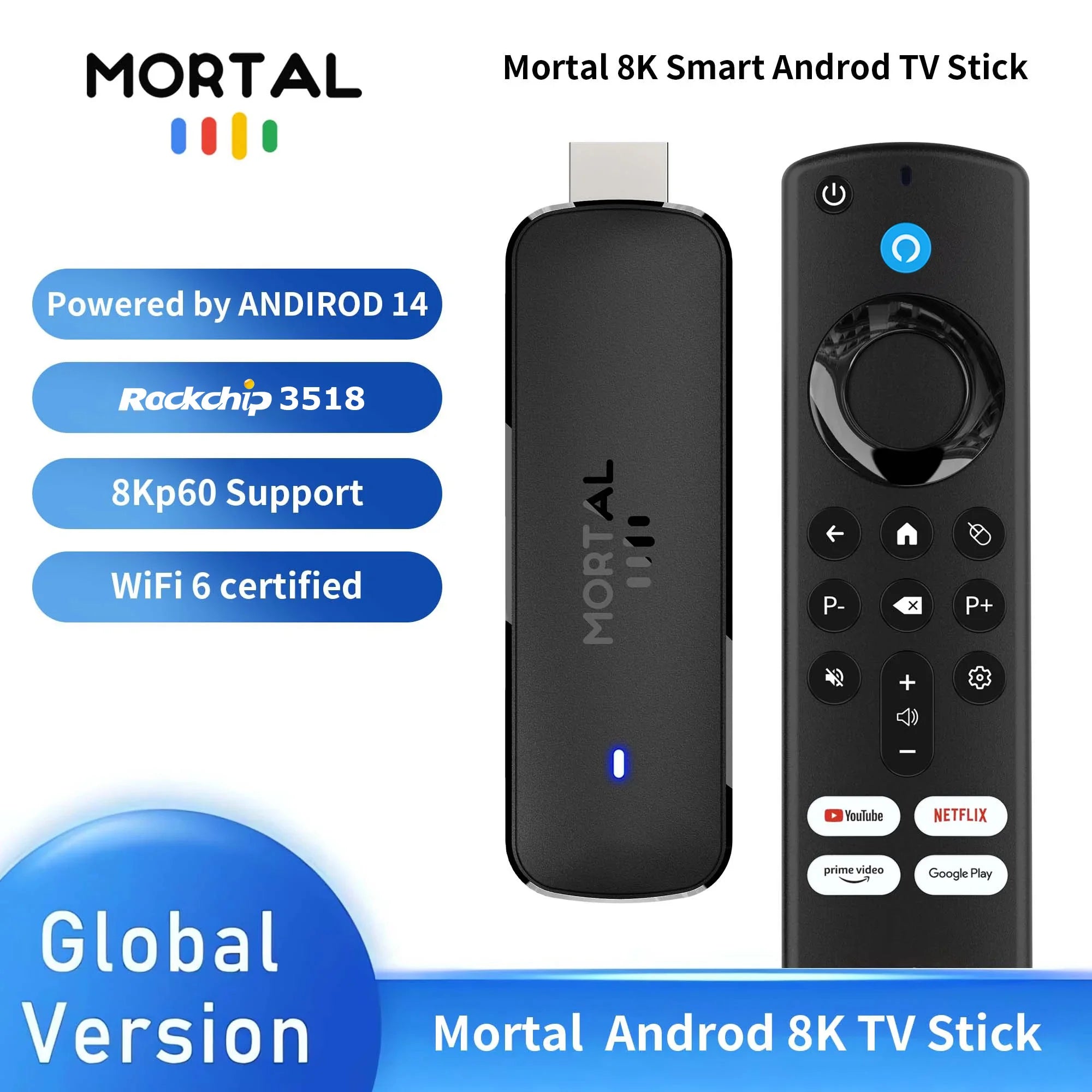 Mortal Q8 Android14 TV stick WIFI6 Voice Control TV stick  8K video RK3518 Netflix YouTube Tv box Free Live TV Streaming