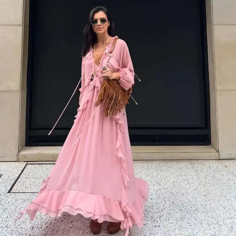 2026 Casual Solid Ruffles Patchwork Robe Women Minimalist Full Sleeve Mesh Loose Fit Lace Up Maxi Dress Vacation Daily Date Wear