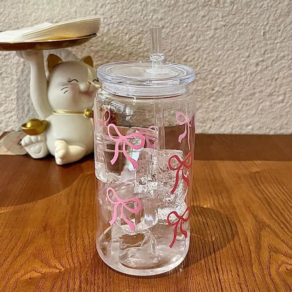 500ml Pink Bow Plastic Cups With Lids And Straws Reusable Bow Aesthetic Cup For Drinking Coffee Tea Cocktail For Party Support