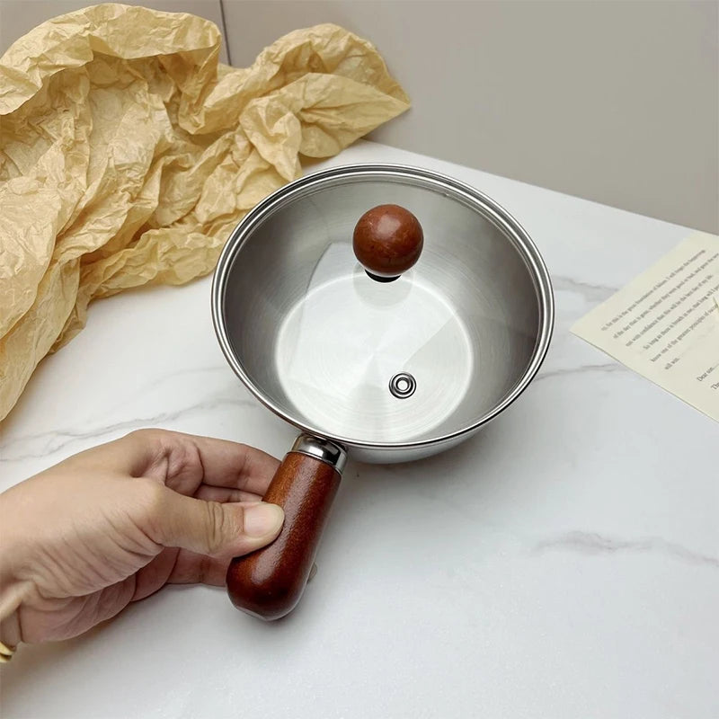 1Pc Stainless Steel Cooking Pot With Wooden Handle Compact Small Noodle Pot For Baby Food Milk Snacks Kitchen Gadgets