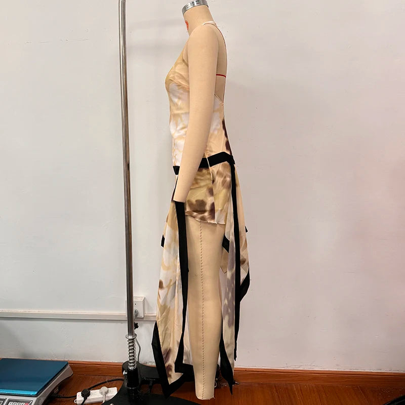 Yellow Brown Tie-Dye Midi Dress Print Halter Neck Open Back Asymmetric Hem Chiffon Dresses 2026 Party Women Fashion Chic Outfit