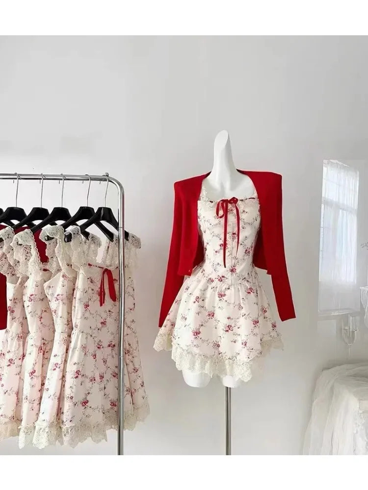 Japanese Kawaii Lolita Sweet Bow Drees Harajuku Printed Casual Cute Frock Y2k Lace Slim Skirt 2026 Summer New Stylish Elegant
