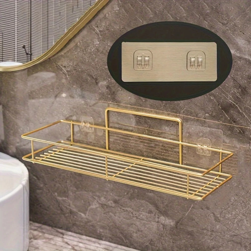 Wall Mounted Shelf No Drill Bathroom Storage Organizer Hanging Rack for Home Kitchen Metal Frame Shelves Bathroom Accessories