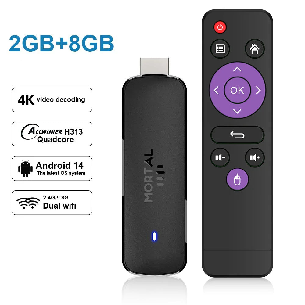 Mortal Android14 TV Stick WIFI6 Voice Control TV Stick Q8 8K Video Allwinner H313 Netflix YouTube TV Box Free Live TV Streaming