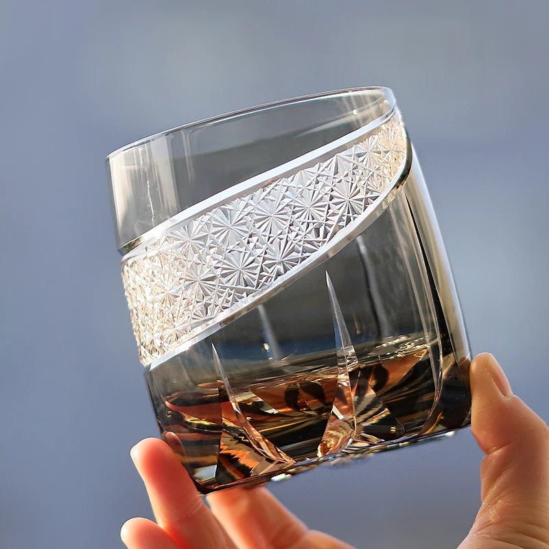 Edo Kiriko Fashioned Whiskey Glasses 360ml Amber Grey with Gift Box New Design New Arrival