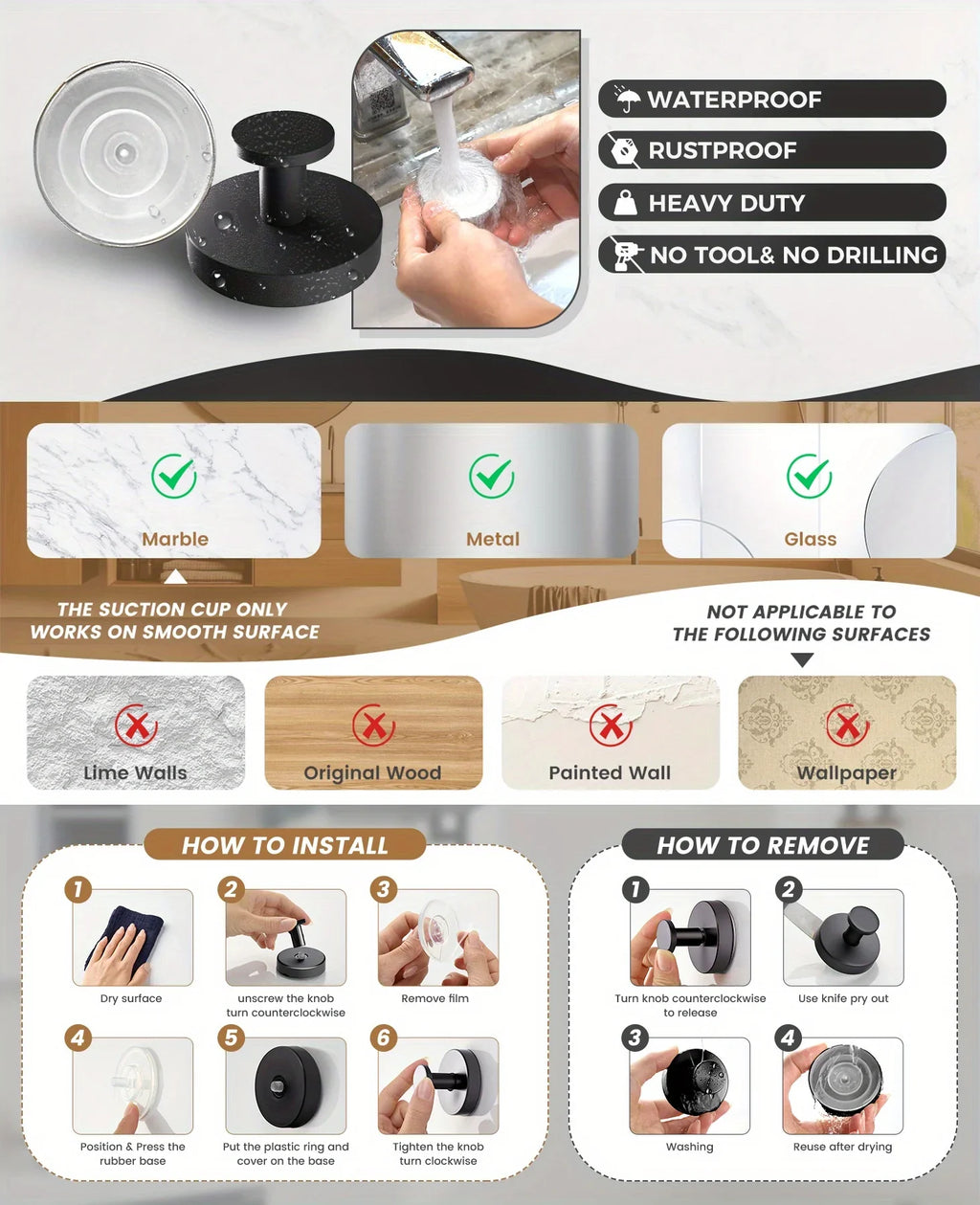 New Suction Cup Hooks Stainless Steel Waterproof Bathroom Shower Wall Mount Punch-free Reusable Strong Adsorption Hook Holders