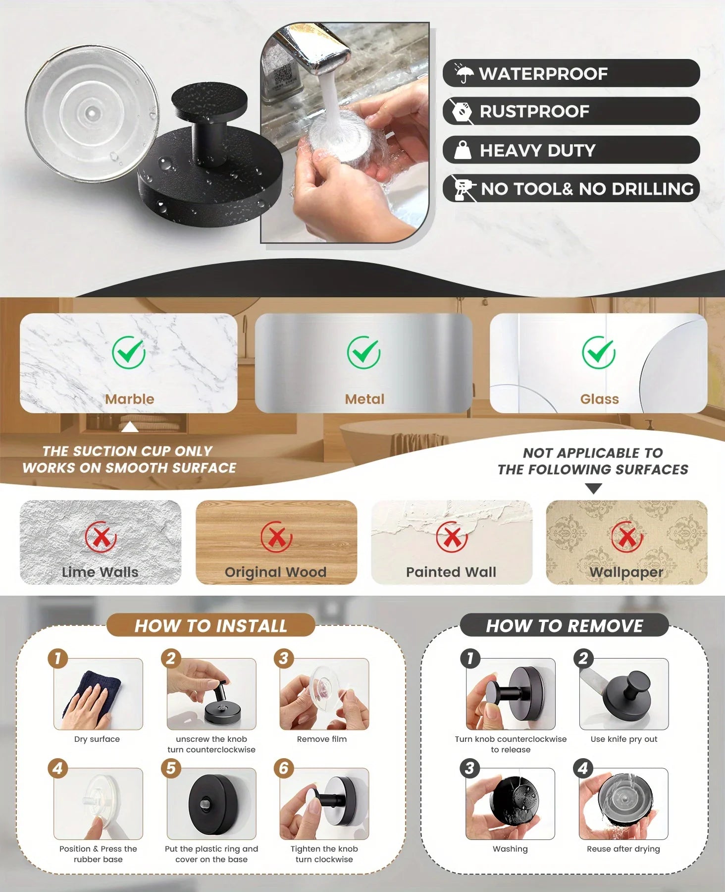 New Suction Cup Hooks Stainless Steel Waterproof Bathroom Shower Wall Mount Punch-free Reusable Strong Adsorption Hook Holders