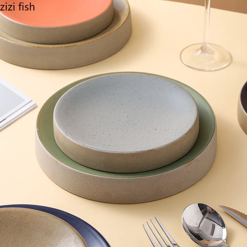 Vintage Round Ceramic Plate Creative Dessert Dim Sum Plate Pastry Plate Steak Plates Sushi Plates Molecular Cuisine Tableware