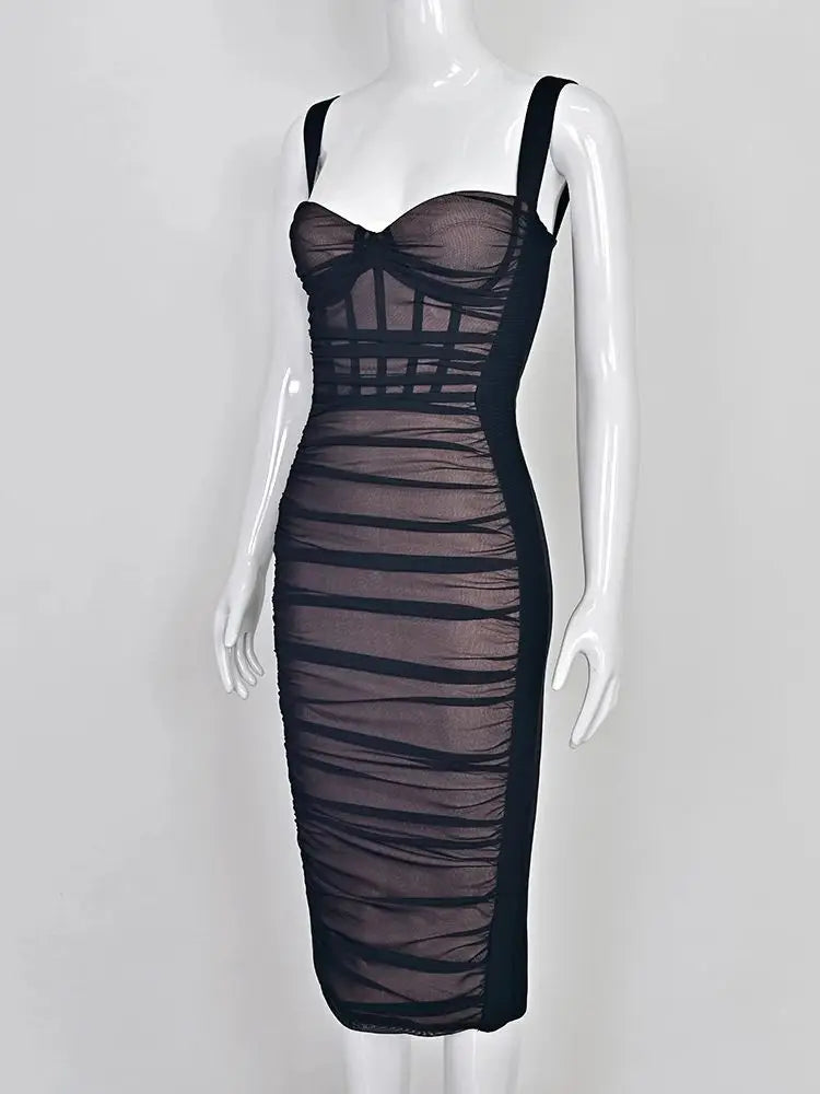 BEAUKEY Sexy Vintage Black Bandage Dress 2025 For Women Summer Draped Spaghetti Split Contrast Bodycon Dress XL Paded Vestido