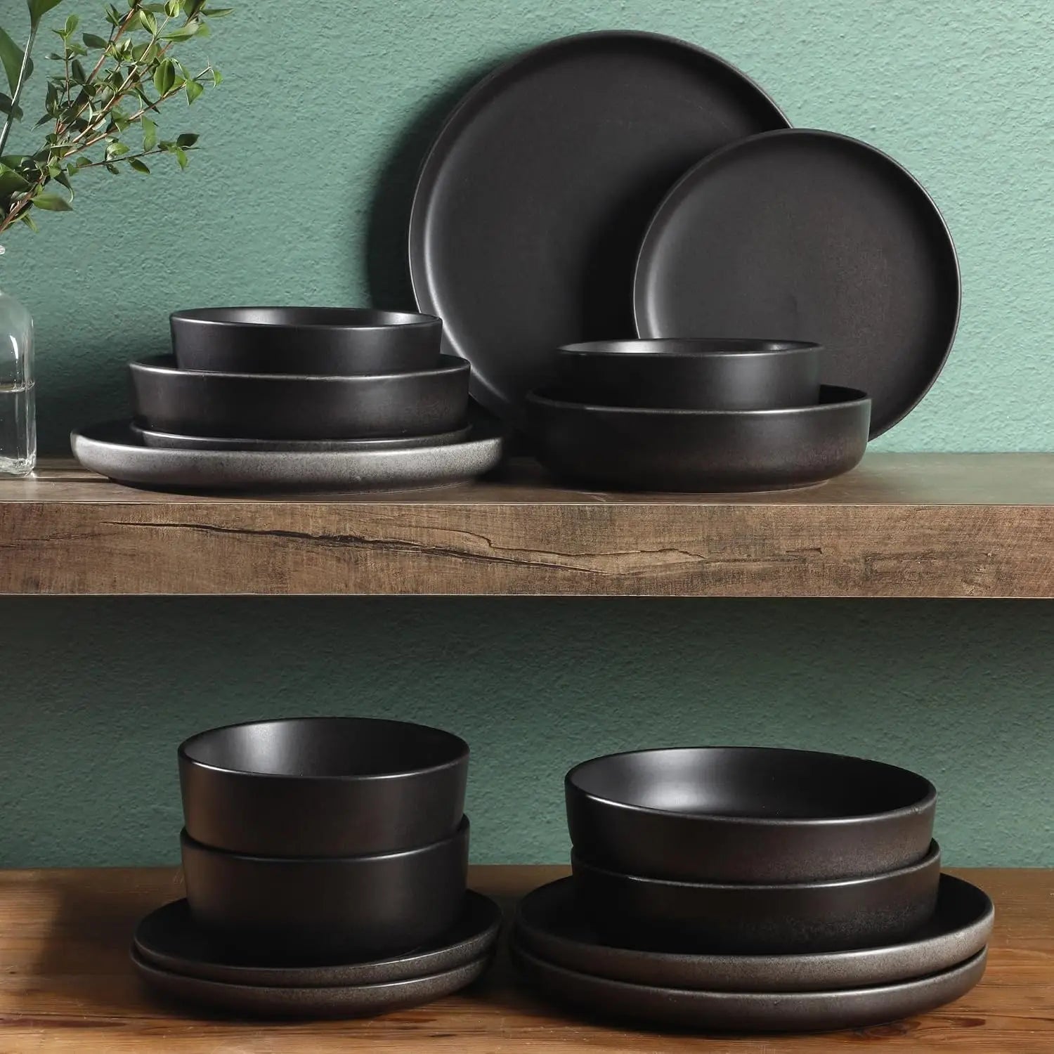 16pc Stoneware Dinnerware Set, Reactive Glaze Plates Bowls, Black