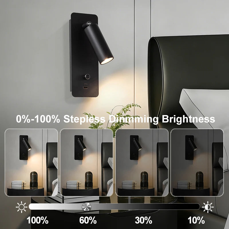 Wall Light 3000K Warm Light Knob Switch with USB Phone Charging, Bedroom Bedside Lamp, Wall Light Can Rotate 350°