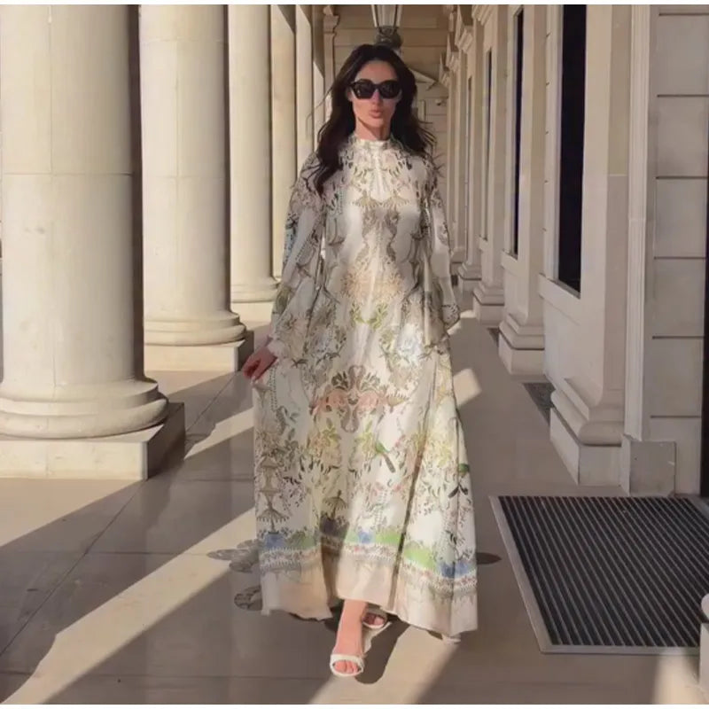 Elegant Women's Printed Long Dresses Loose O-neck Flared Half Sleeve Big Hem Wide Female Dresses 2026 Summer Lady HolidayRobes