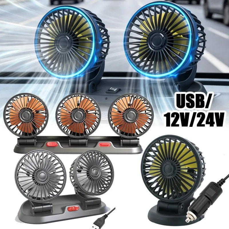 1/2/3 Head Car Fan Summer Air Cooler USB/12V/24V Adjustable 2 Speeds Silent Fan for Home Desk Office & Car