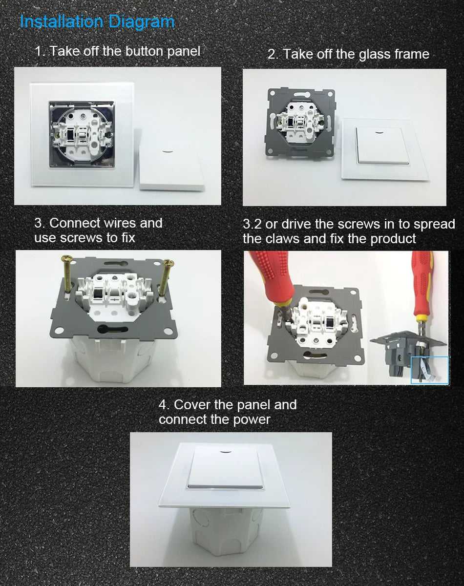 Touch Light Switch With EU Power Wall Sockets White Black 300W Led 1 Gang 1 Way Crystal Glass Panel Interruptor 157mm*86mm