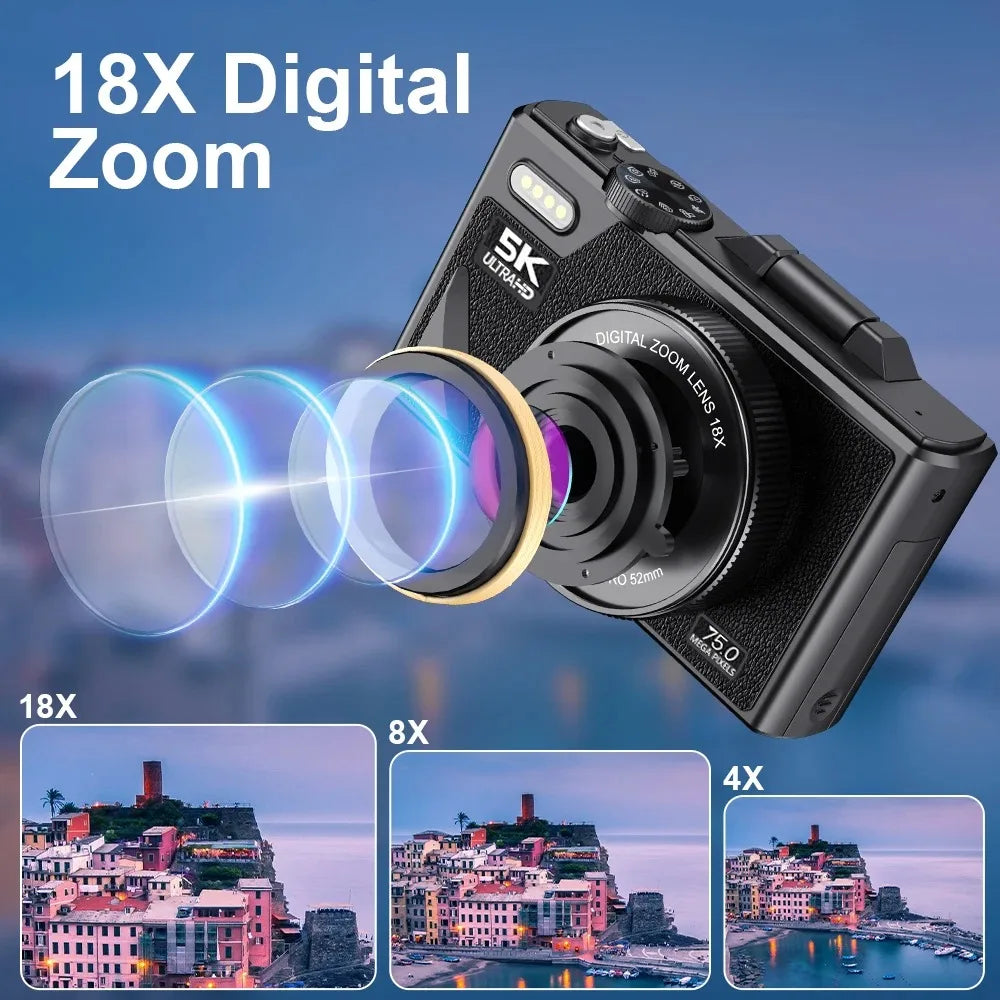 HD 5K Portable Digital Camera 75MP Flip Screen For VLOG Girls Kid Adult Beginners Selfie Camcorder Photography Digital Camera