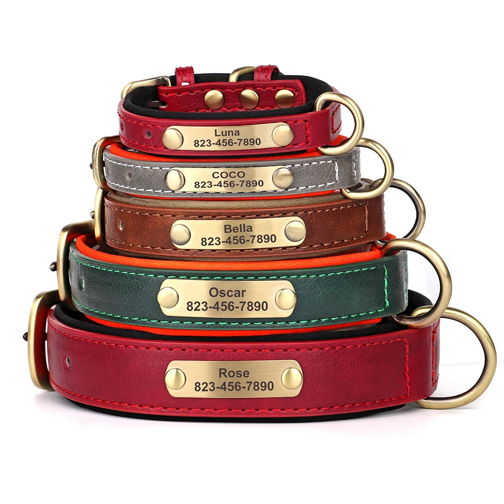 Free Custom Dog Collar Soft Padded Dogs Collars Personalized PU Leather Pet Necklace Adjustable for Small Medium Large Dogs Pug