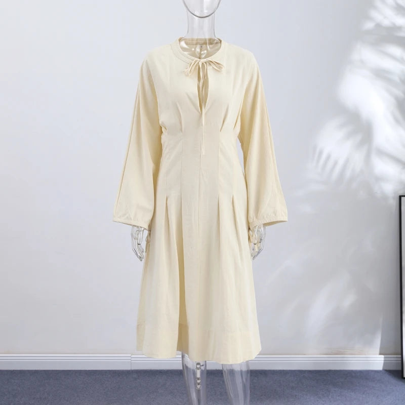 Casual Cotton Midi Dress Women O Neck Lace Up Lantern Sleeves Slim Waist A Line Robe Female 2026 Summer New Chic Solid Dresses