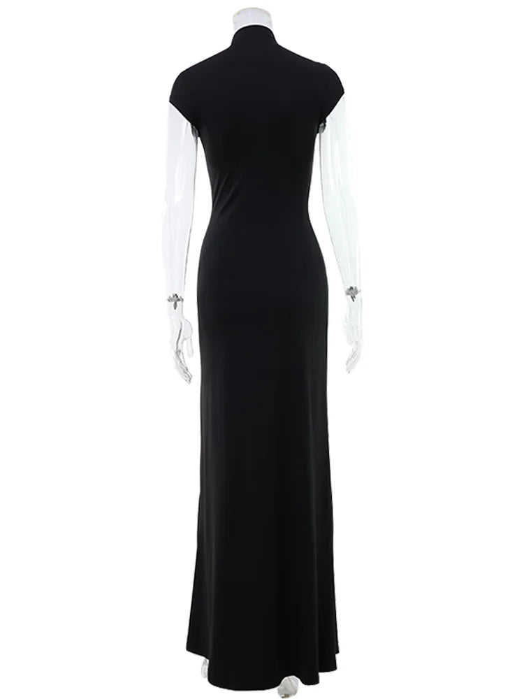 Ahagaga Fashion Women's Maxi Dresses Half High Collar Solid Sexy Single Breasted High Split Short Sleeves Sheath Streetwear Fit