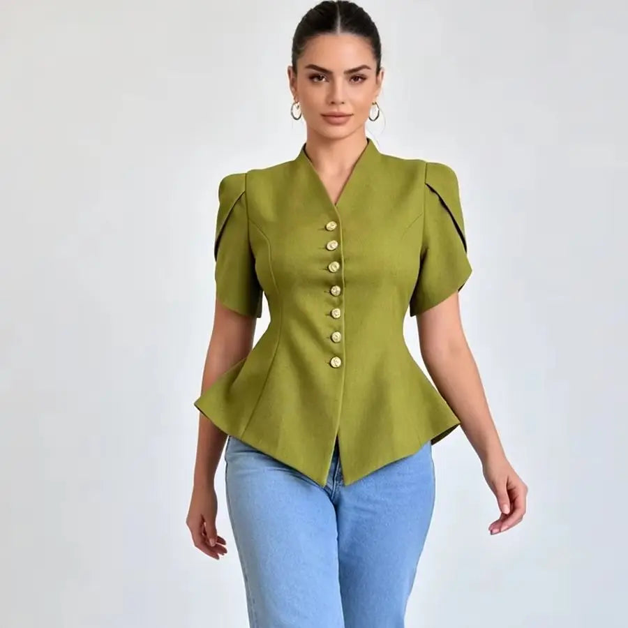 LIMO Peplum Blazer Top with V-Neck, Puff Sleeves and Decorative Buttons