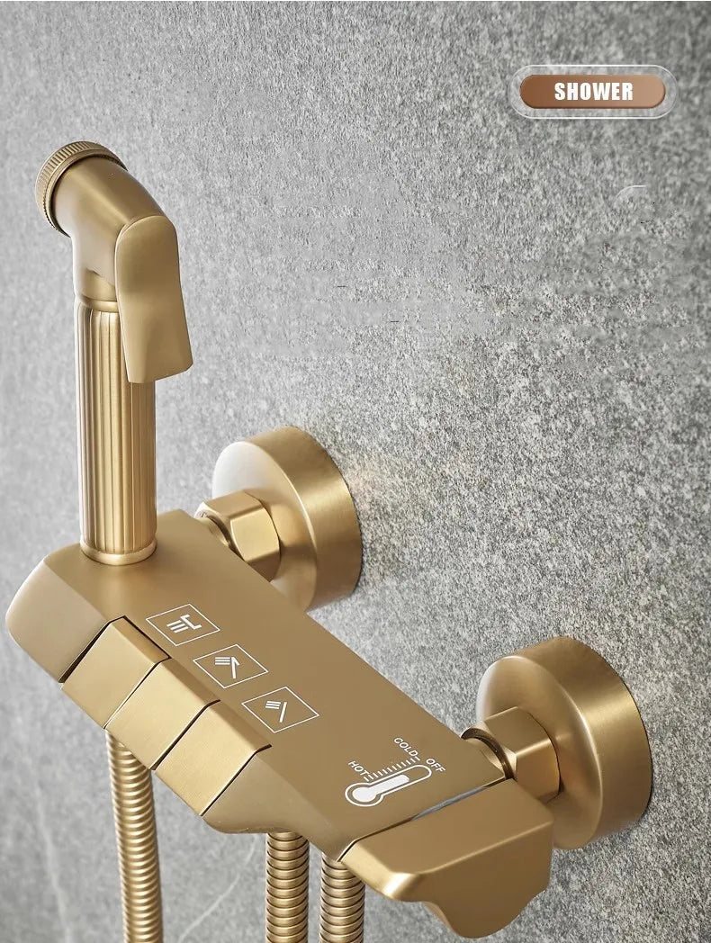 Tuqiu Brushed Gold Bathroom Shower Faucet Set Wall Mounted Shower Faucet, Bathroom Cold and Hot Bath and Shower Mixer Taps Brass