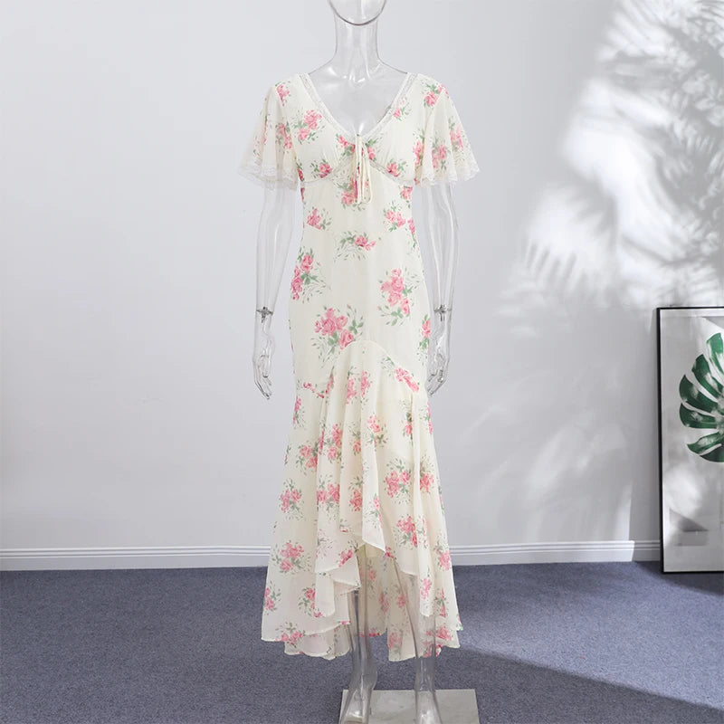 Elegant Sexy Print Fish Dress Women V Neck Short Sleeves High Waist Ruffles Split Vestidos Female 2026 Summer New Chic Dresses