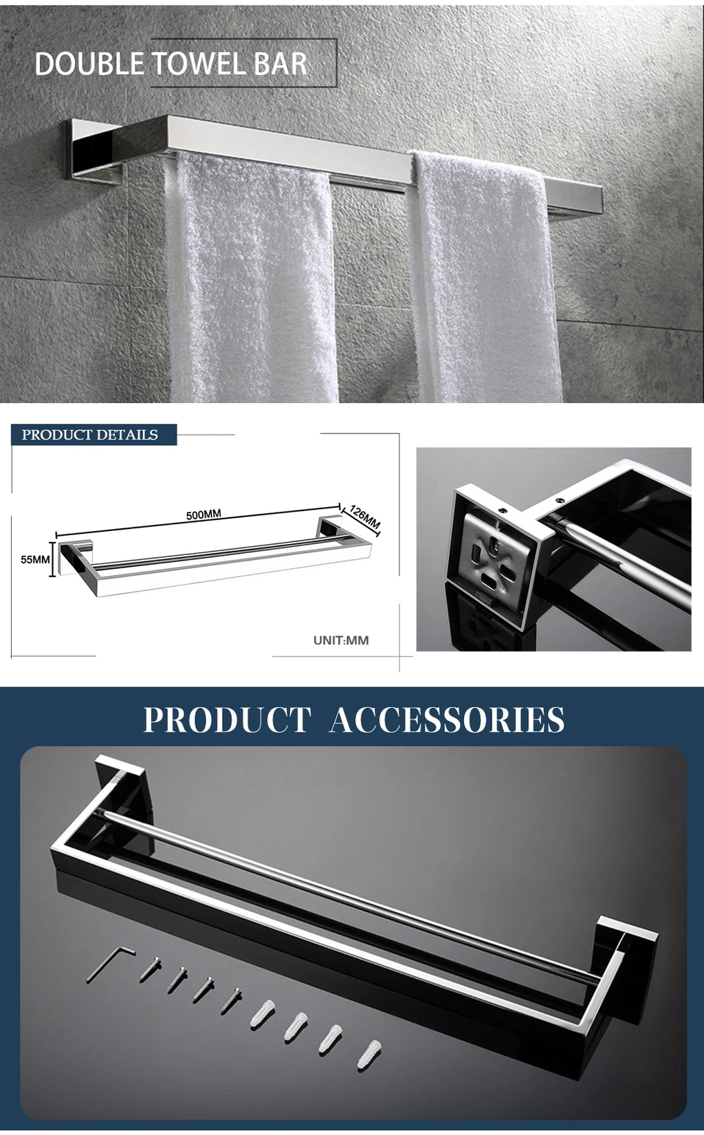 Stainless Steel Chrome Bathroom Hardware Set Square Towel Rack Towel Rack Tissue Holder Robe Hook Bathroom Rack Accessories