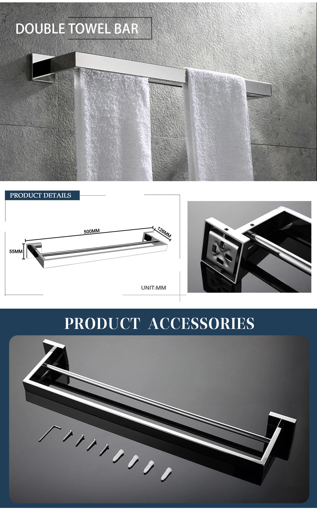 Stainless Steel Chrome Bathroom Hardware Set Square Towel Rack Towel Rack Tissue Holder Robe Hook Bathroom Rack Accessories